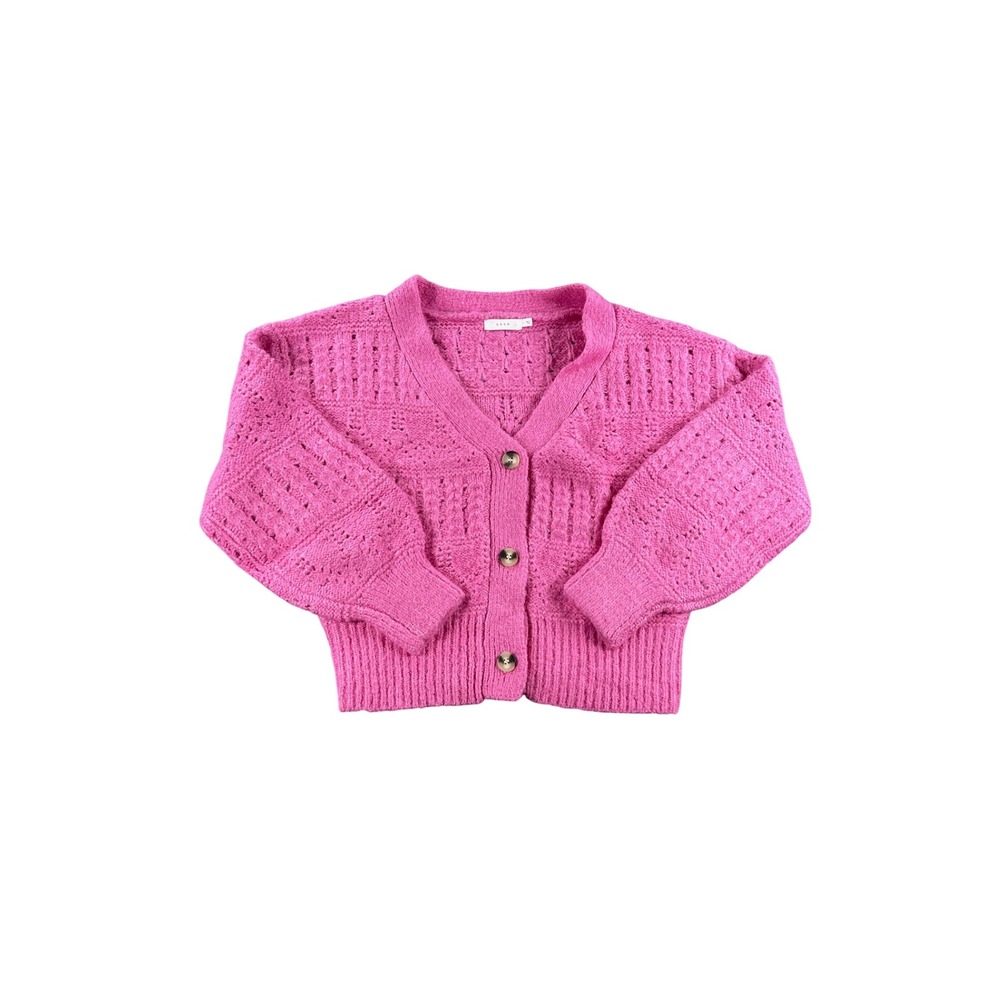 Lush Pink Pointelle Knit Cropped Cardigan Sweater V-Neck Balloon Sleeve Small